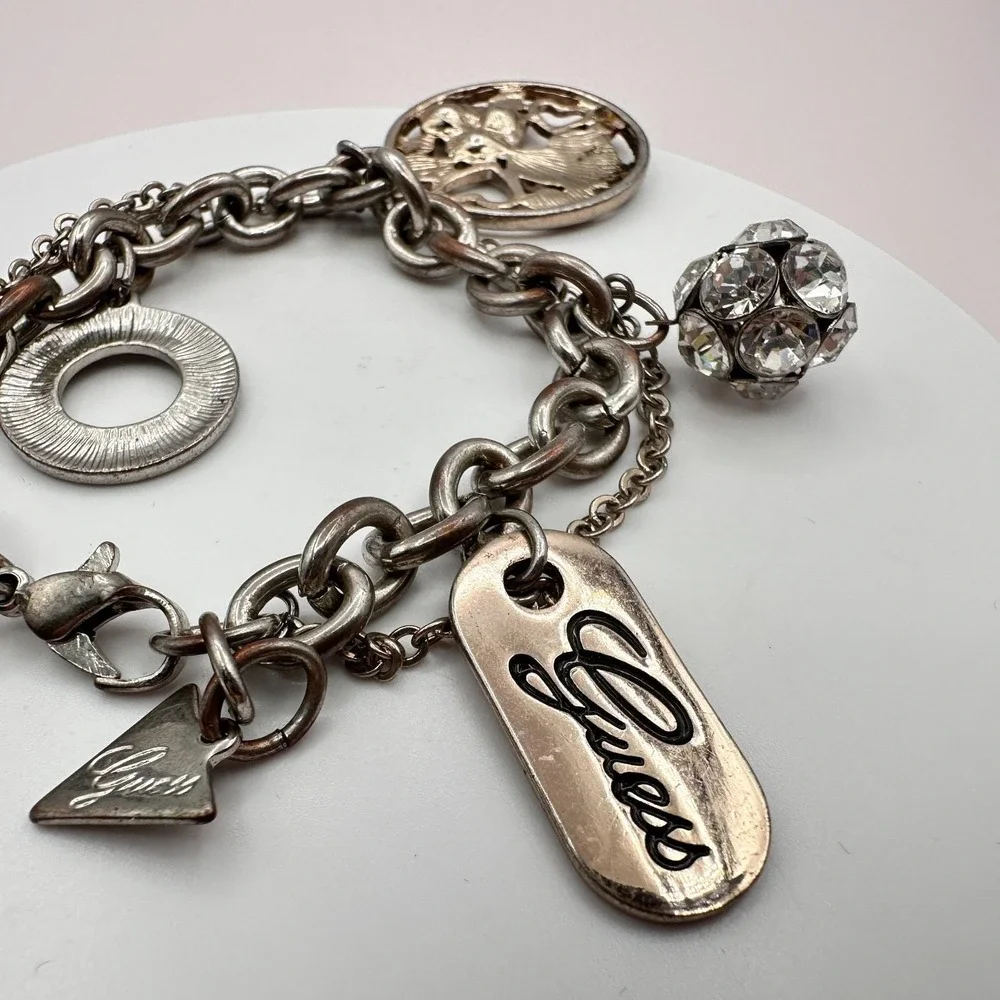 Vintage Y2K Guess Silvertone Bracelet Multi-Charm Statement Boho Fashion Jewelry